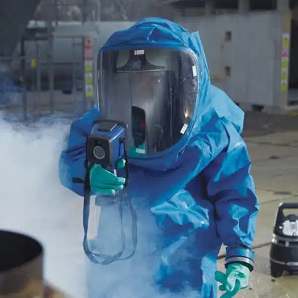 Worker Wearing Dräger HPS 7000 Inside Hazmat Suit