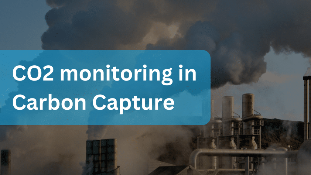 The image features an industrial scene with smokestacks emitting plumes of smoke, likely representing pollution. Overlaid on this background is a semi-transparent blue rectangle with the bold white text: "CO2 monitoring in Carbon Capture."